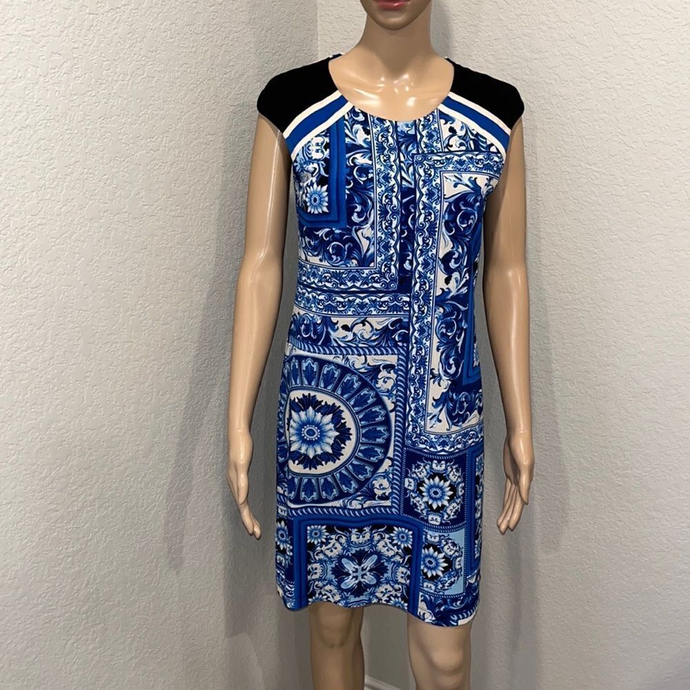 Vintage Muse blue floral geometric pattern dress, fully lined
